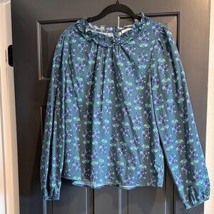 J. Crew Teal Floral Ruffle-Neck Blouse with Purple Accents